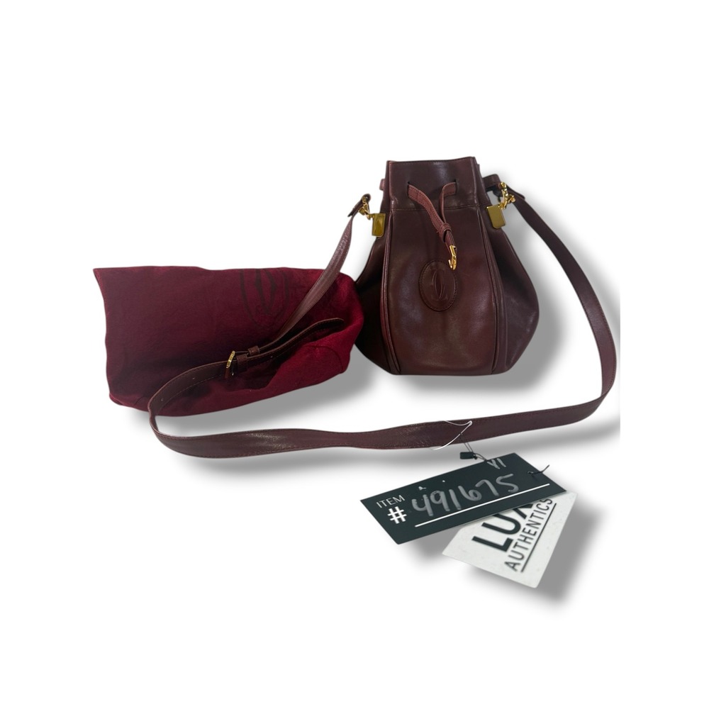 Vintage Must de Cartier Bucket Bag Leather Crossbody Gold HW Bordeaux Dust Cover - Picture 1 of 14